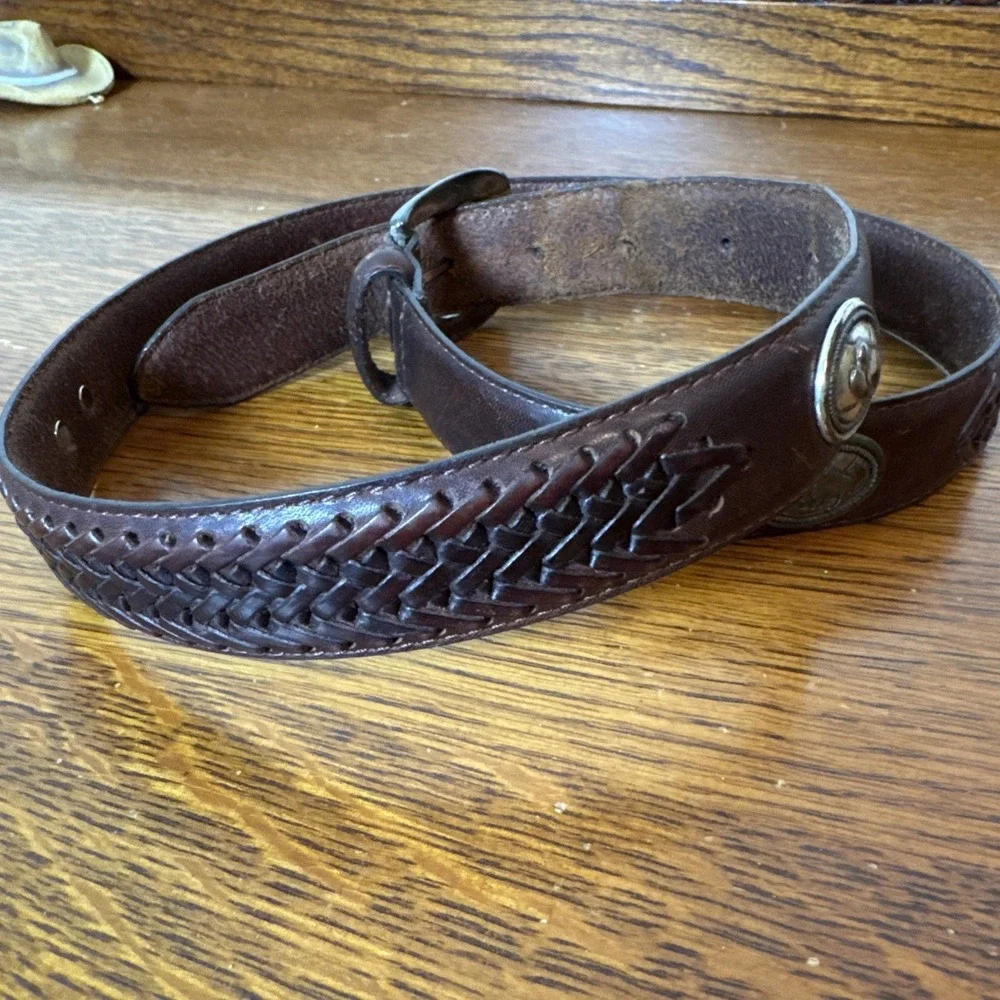 Leather Belt Size 34 MB3022 Brn Buffalo Conchos Basket Weave